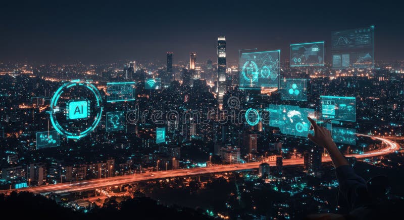 AI Cityscape pe timp de noapte stock illustration