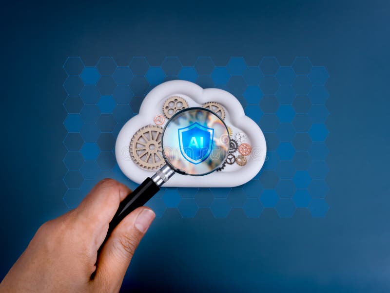AI cloud computing infrastructure technology, security data system storage service concept. AI shield icon focus in magnifying glass lens in hand, on cloud with gears and cogwheels on blue background. Shield artificial intelligence stock images, royalty-free photos and pictures