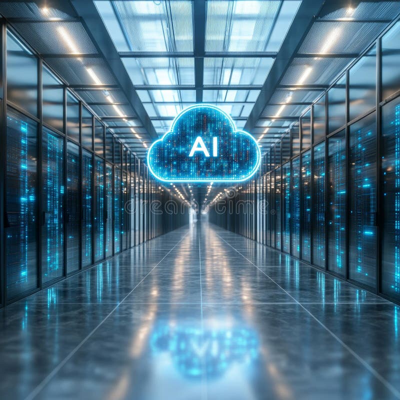 AI cloud computing symbol in futuristic data center, symbolizing server room technology. vector illustration