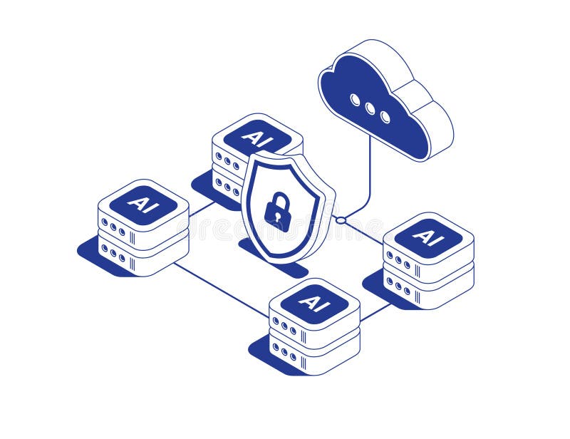 AI cloud server technology system with secure data shield and storage icon connected by data flows in isometric line vector illustration