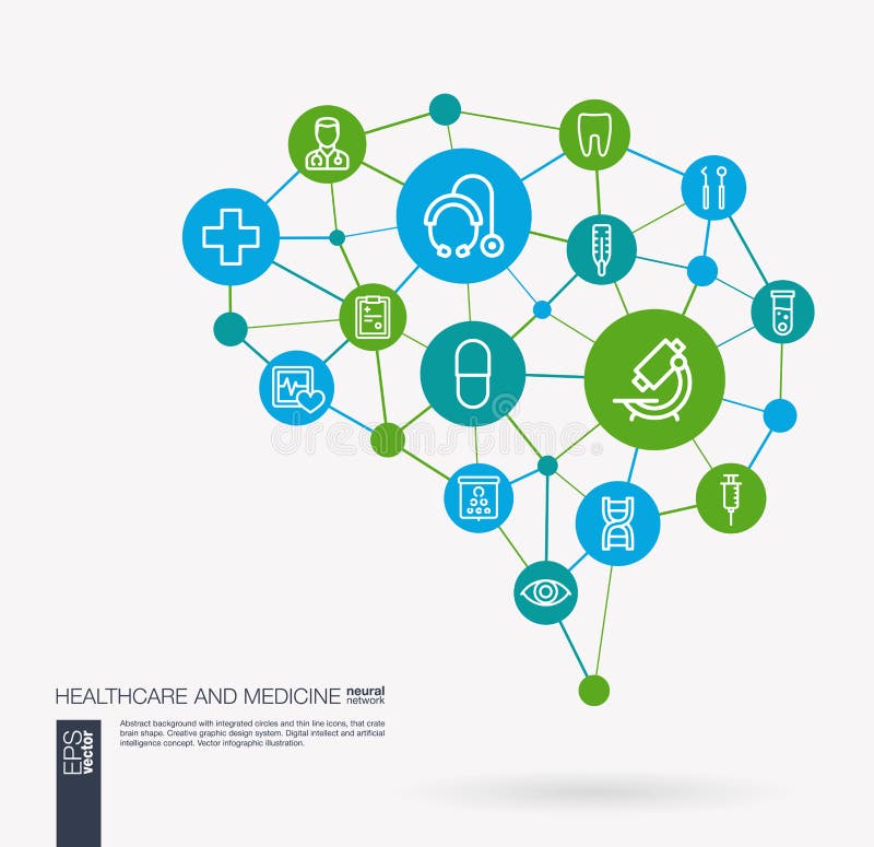 Healthcare, psychology, medicine and medical service integrated business vector icons. Digital mesh smart brain idea