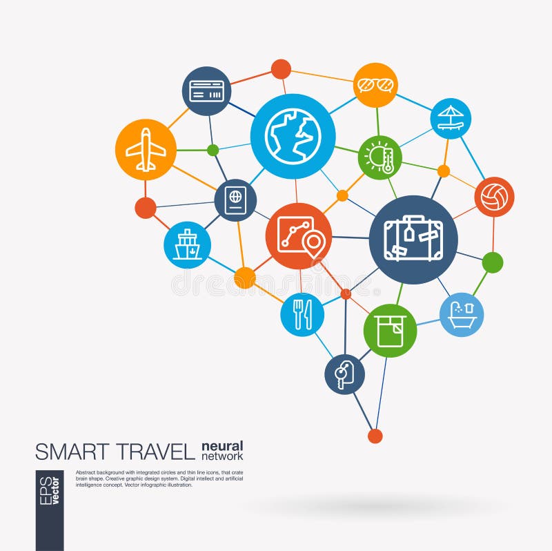 Travel plane, tour map, hotel booking, flight ticket integrated business vector icons. Digital mesh smart brain idea
