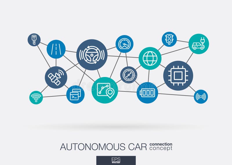 Autonomous electric car, self-driving, autopilot integrated business vector icons. Digital smart mesh idea. Futuristic vector illustration