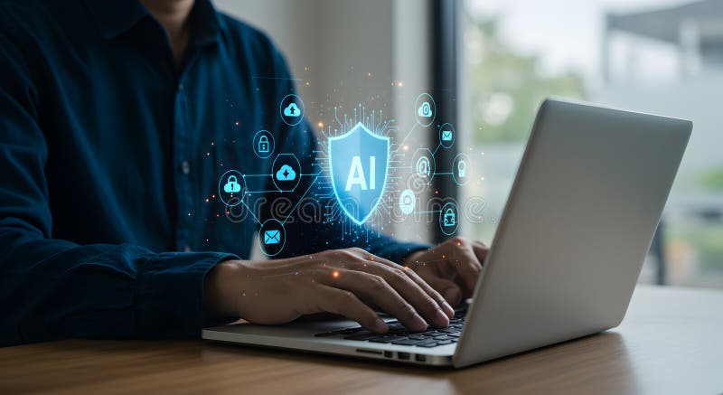Ai cybersecurity protection artificial intelligence data security on laptop for business network vector illustration