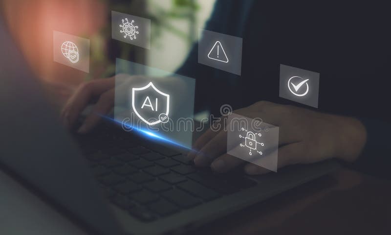 AI Cybersecurity Protection Concept. Hands typing on a laptop with digital icons artificial intelligence, cybersecurity, data protection and warning signals, secure AI technology and online safety. Shield artificial intelligence stock images, royalty-free photos and pictures