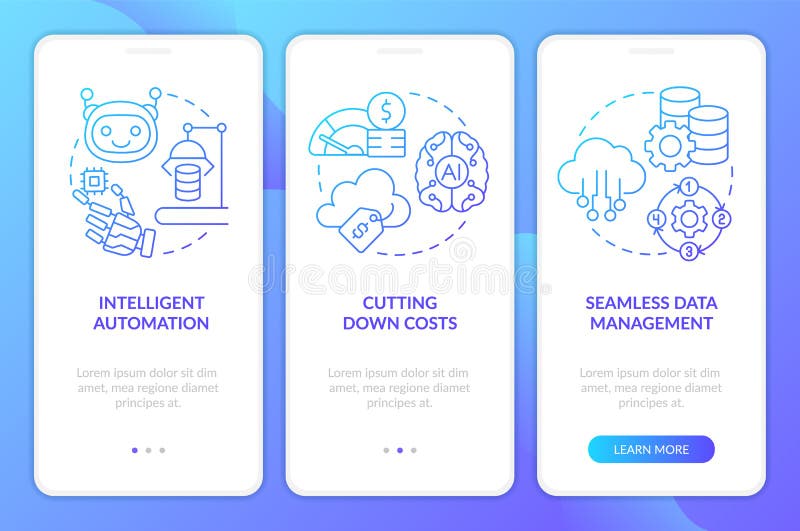AI in database computing pros blue gradient onboarding mobile app screen stock illustration