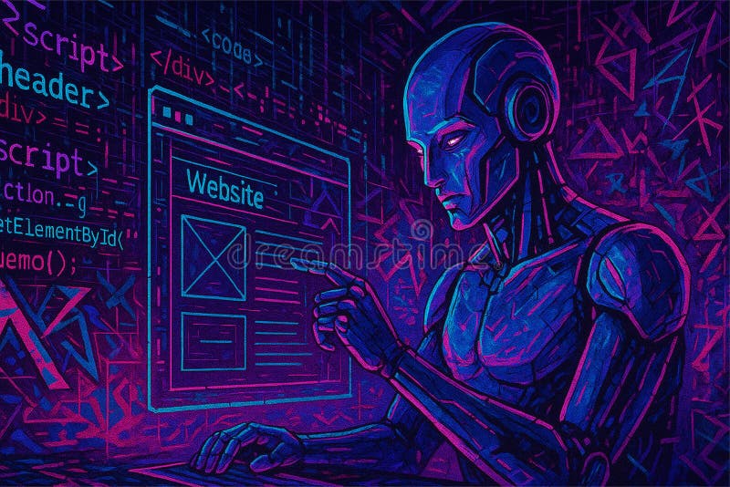 AI Designing in Neon Code � Futuristic Robot Programming with Glowing Interface royalty free stock photo