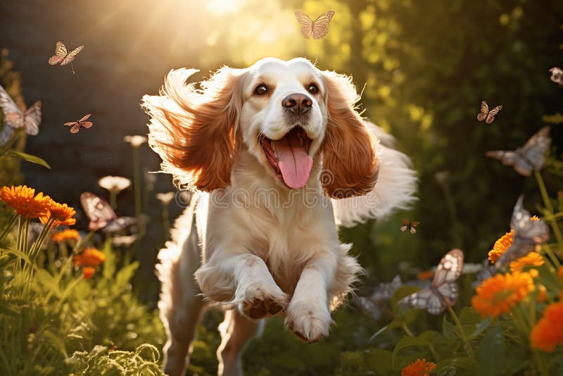 The dog running through a flowering meadow on a warm summer day stock illustration