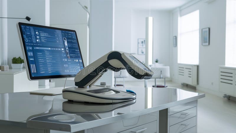 AI-driven Equipment Scanning Medical Records in a Modern Office stock illustration