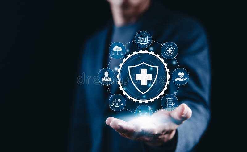 AI-Driven Healthcare and Medical Technology Concept. Medical shield icon representing AI powered healthcare, medical services, data protection, telemedicine, and health care technology advancements. Shield artificial intelligence stock images, royalty-free photos and pictures