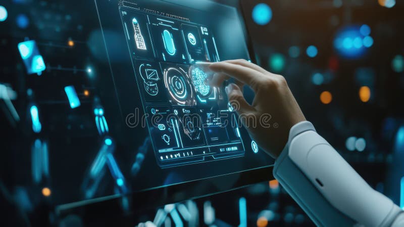 AI-driven personal assistant interacting with a user through a sleek touchscreen device stock illustration