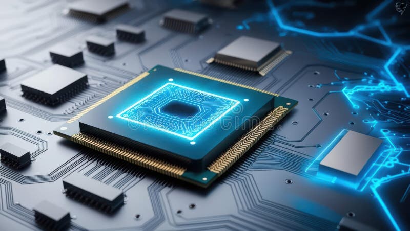 An ai-driven processing chip seamlessly executing smart contracts linked directly to a blockchain network vector illustration