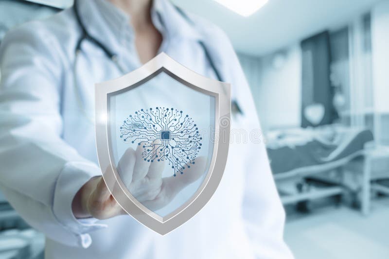 A medical professional presents a shield symbolizing the integration of artificial intelligence in health care settings, showcasing innovation in patient safety and technology. Shield artificial intelligence stock images, royalty-free photos and pictures
