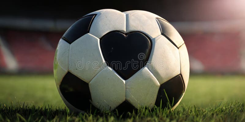 Ai erzeugte Abbildung der schwarz-weißen Ball in Form eines Herzens auf grünem Gras des Fußballstadions vektor abbildung