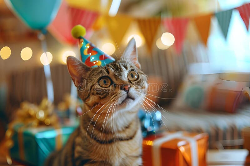 Ai-erzeugte Abbildung einer festlichen Katze, die mit einem Feiertag nach oben blickt. Eine ai-generierte Illustration einer festlichen Katze, die mit einem Feiertag nach oben blickt