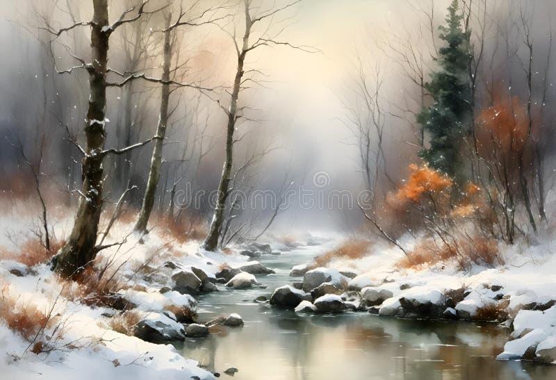 Ai erzeugte Abbildung einer Landschaftsmalerei eines Flusses, der durch eine schneebedeckte Landschaft fließt lizenzfreie abbildung