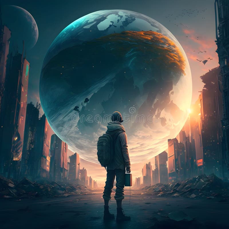 Ai-erzeugte Abbildung eines Mannes in einem Raumanzug steht hoch zu einem Planeten oberhalb einer zerstörten Stadt stock abbildung