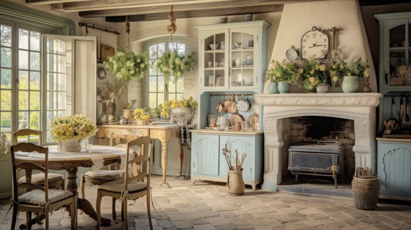 Frechn Country home interior kitchen, rural regions of France,light colors, rustic furniture, Toile-de-Jouy items