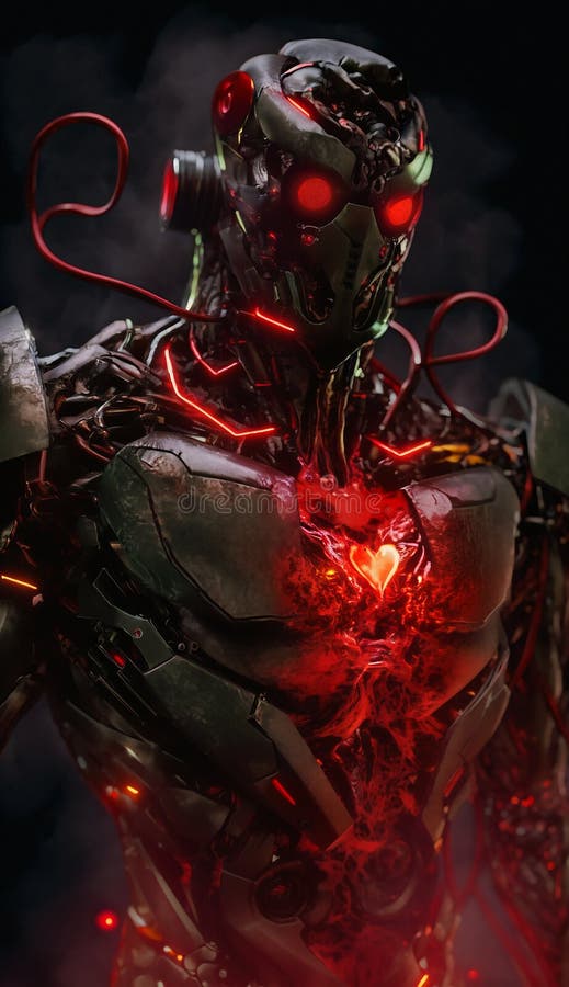 Ai futuristic robot with red heart in center of chest. royalty free illustration.