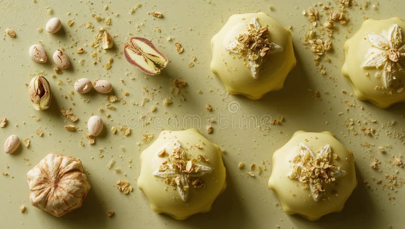 Zoete Vormen, Romige Textuur en een Toefje Goud. Een Stilleven met Desserts. stock foto's