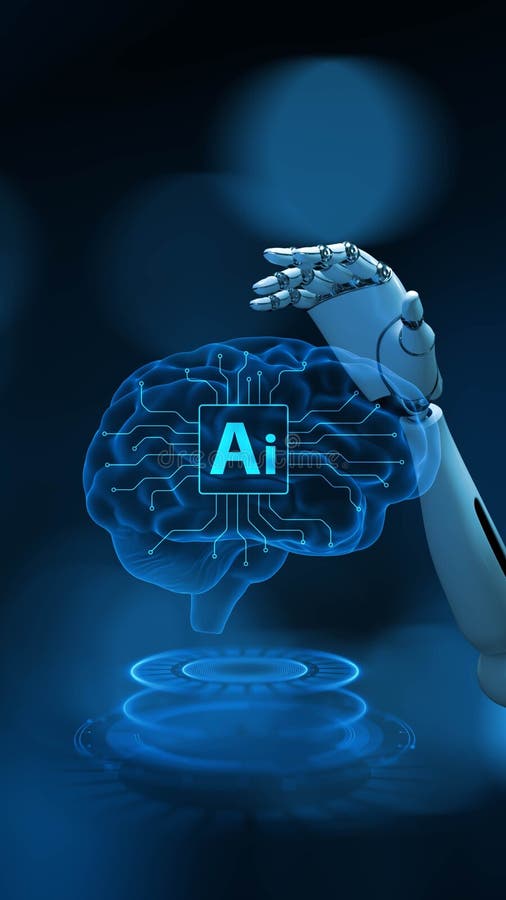 Ai Gehirn Projektion mit Roboter Hand Business und Technologie Konzept 3d rendern stock abbildung