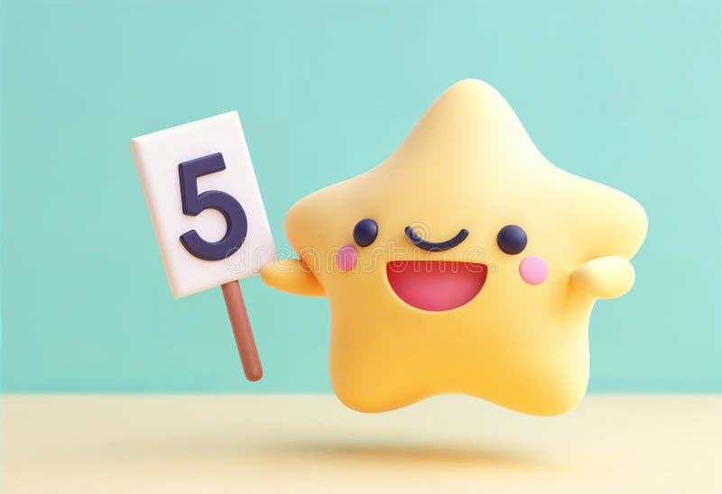 AI Generat Draguta Star Squishy Caracterul Jumping Plutitoare Holding un Număr 5 pe un semn alb. Fundal verde stock illustration