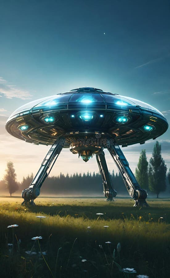 Ai generat ilustrarea debarcării navelor spațiale OZN pe o pajiște de pe Pământ stock illustration