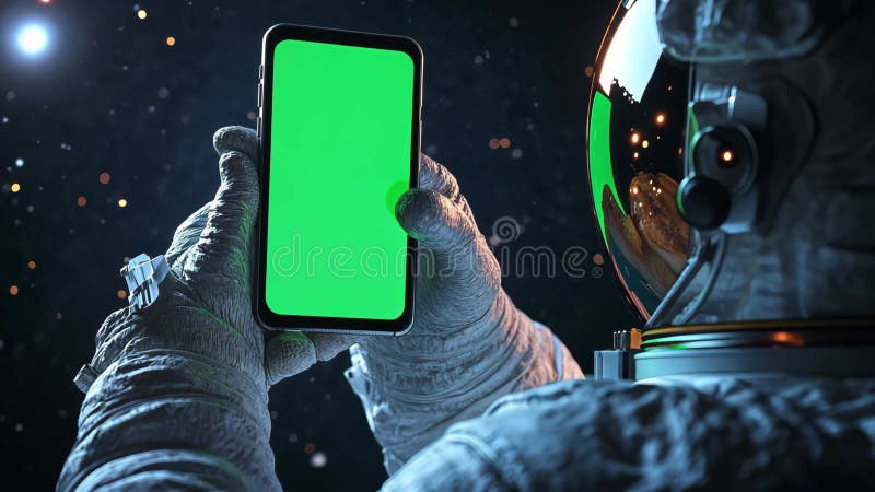 AI generat. În spațiu, un astronaut într-un costum spațial complet deține un telefon cu un ecran verde. stock illustration