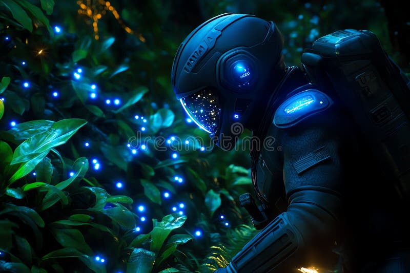 Astronauți care explorează o planetă extraterestră noaptea cu plante bioluminiscente cu atmosferă mistică și futuristă stock images