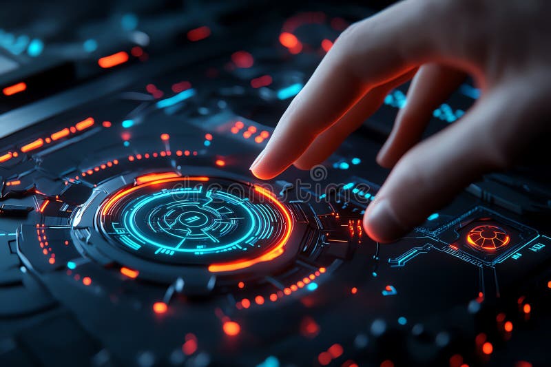 Neon color technology with glowing effects and futuristic interfaces, depicted in an artwork where futuristic technology is stock illustration