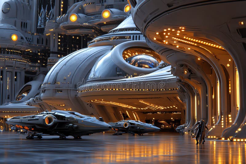 AI Generate: A Sci-Fi spaceport where various alien species interact, with spaceships of all shapes and sizes docked under a massive, domed structure