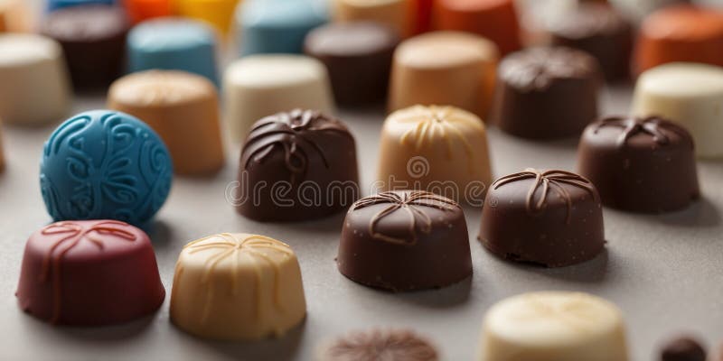 Assorted gourmet chocolates with decorative designs. stock image