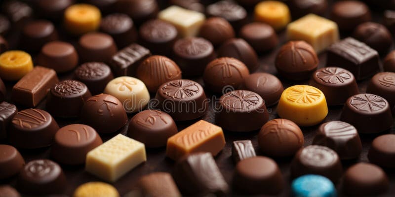 Assorted gourmet chocolates with decorative designs. stock photo