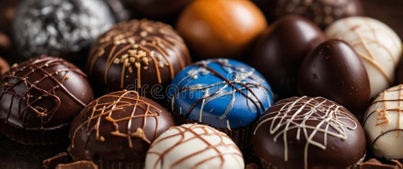 Assorted gourmet chocolates with decorative designs. stock image
