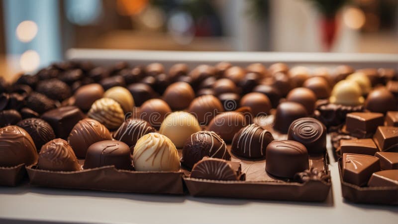 Assorted gourmet chocolates on display in a shop. stock illustration