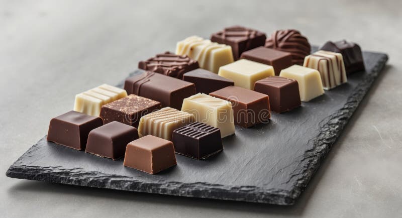 Assorted Gourmet Chocolates on Slate Serving Board royalty free stock photography