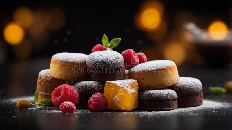 Assorted gourmet desserts with powdered sugar on black background. royalty free stock photos