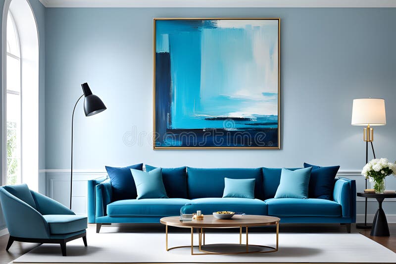A Blue Couch and a Coffee Table are in a Living Room with a Blue Wall