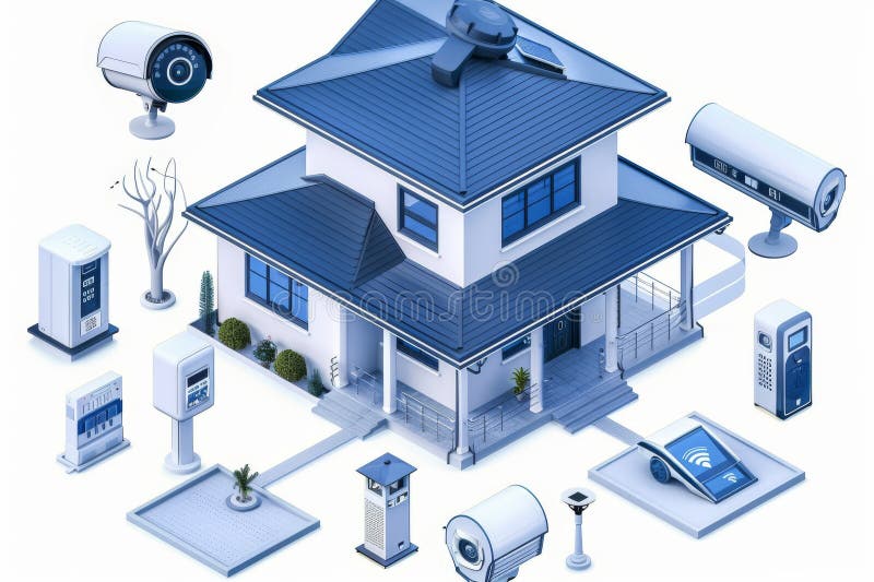 Accesați serverele de automatizare la domiciliu cu camere de securitate care integrează monitorizarea video și a ușilor securizată stock illustration