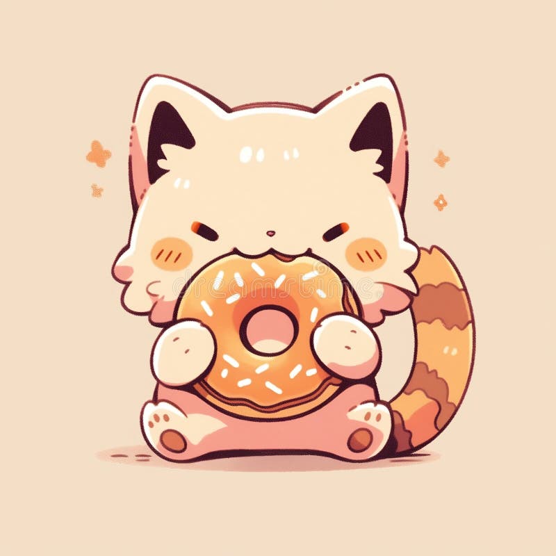 Cat Eat Doughnut Animal Chibi Cartoon Style Isolated Plain Background ...