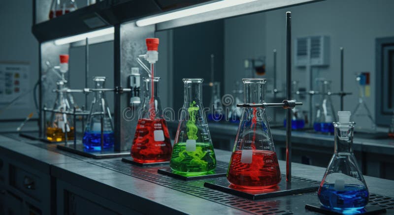 This image depicts a modern chemistry laboratory with several Erlenmeyer flasks containing vibrantly colored liquids red, green, and blue. The scene is highly detailed and was generated by AI, showcasing the potential for realistic scientific visualization. Erlenmeyer flask burette illustrations