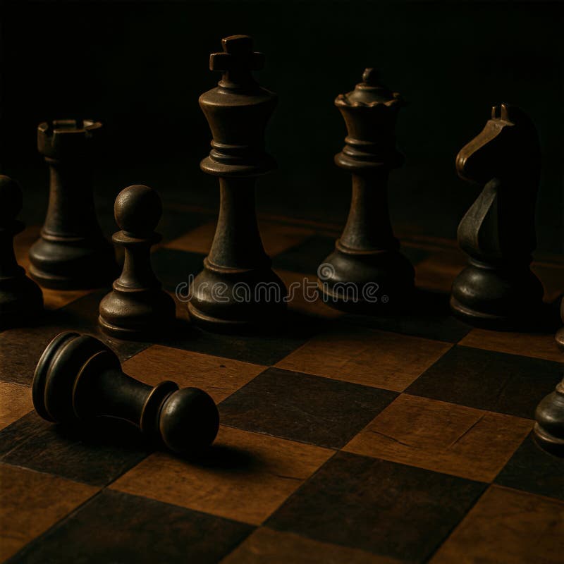 AI-generated chessboard scene with fallen pawn in low key lighting royalty free stock photography
