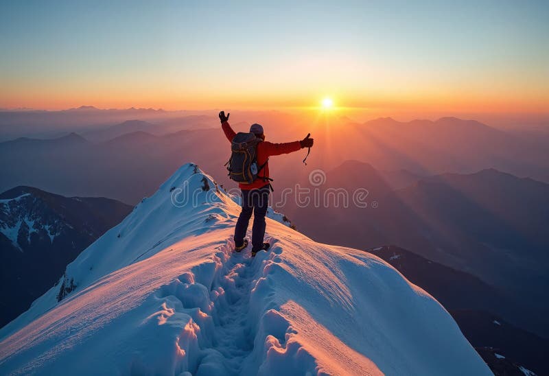 AI-generated A climber climbs a mountain with sunset view sky on the horizon royalty free illustration