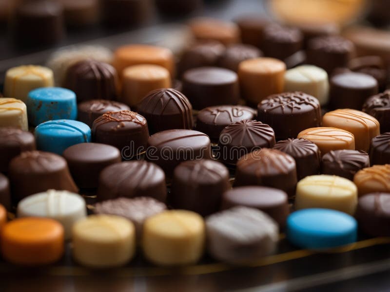 Close-Up of Assorted Gourmet Chocolates on Display. stock illustration