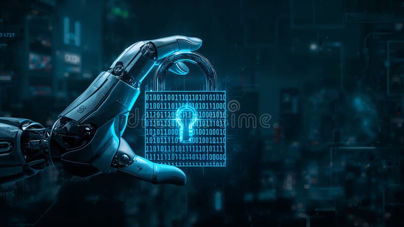 Metallic futuristic robot hand holding a glowing digital padlock () vector illustration.