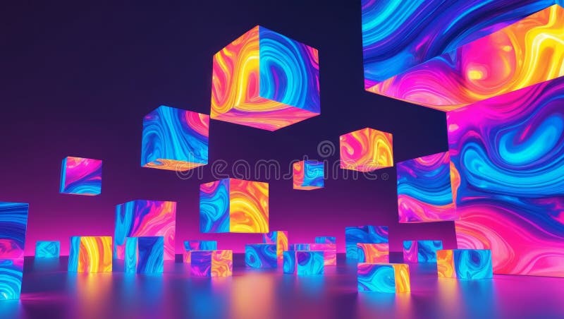 A collection of vibrant abstract cubes radiating a captivating colorful neon glow stock photo