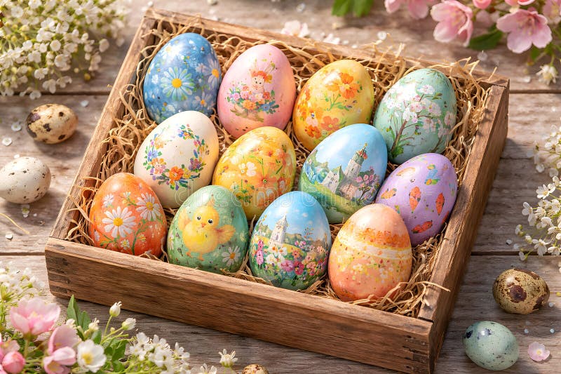 Colorful Hand Painted Easter Eggs Displayed In Rustic Wooden Box With Straw vector illustration