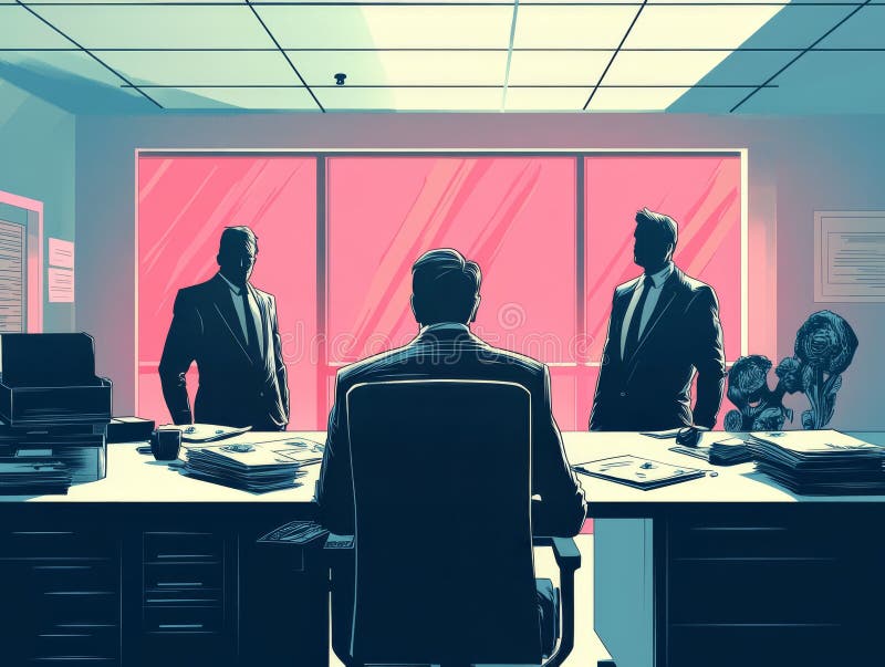 This AI-generated comic-style illustration visualizes workplace corruption with symbolic clarity, featuring office desks, documents, briefcases, and discreet money exchanges within shadowy corporate interiors. Rendered in bold line work and flat vector fills with subtle gradients, the scene emphasizes secrecy, tension, and hidden dealings through sharp contrasts and dynamic silhouettes. The clean composition guides the eye toward suggestive interactions without explicit detail, reinforcing themes of unethical practices and integrity risks. Panel-like framing, geometric forms, and balanced color harmonies create a professional and impactful visual, suitable for corporate training, educational materials, or editorial use exploring corruption, governance, and accountability in business environments. Collusion illustration illustrations