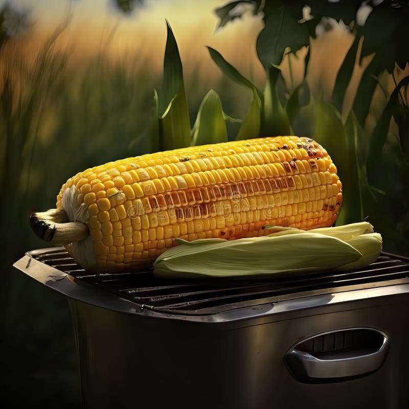 AI Generated Corn on the Cob on the Grill in the Garden Stock Image