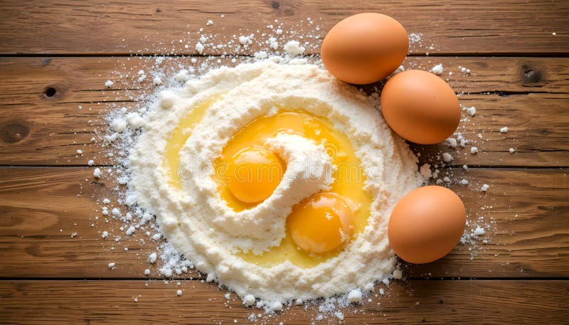 Fresh Eggs Mixed With Flour On Rustic Wooden Table For Homemade Cooking Preparation royalty free illustration